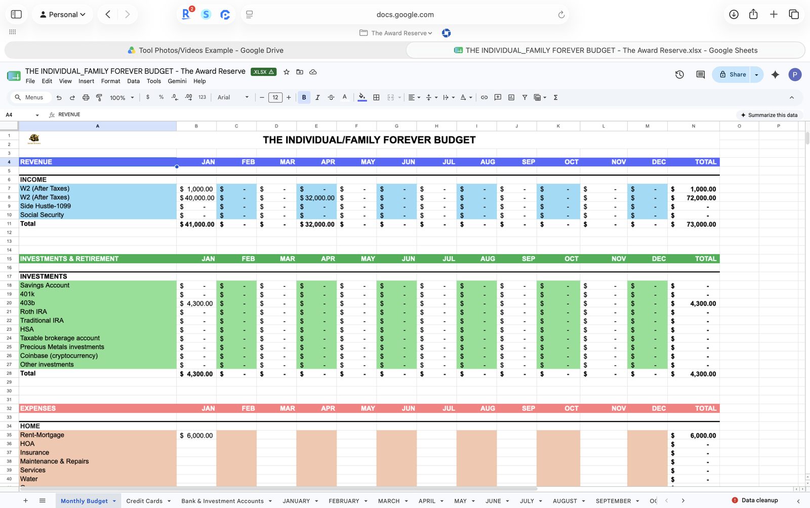 Forever Family Budget Spreadsheet preview